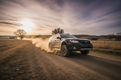 Hochgelegter Subaru Outback auf dem Feldweg